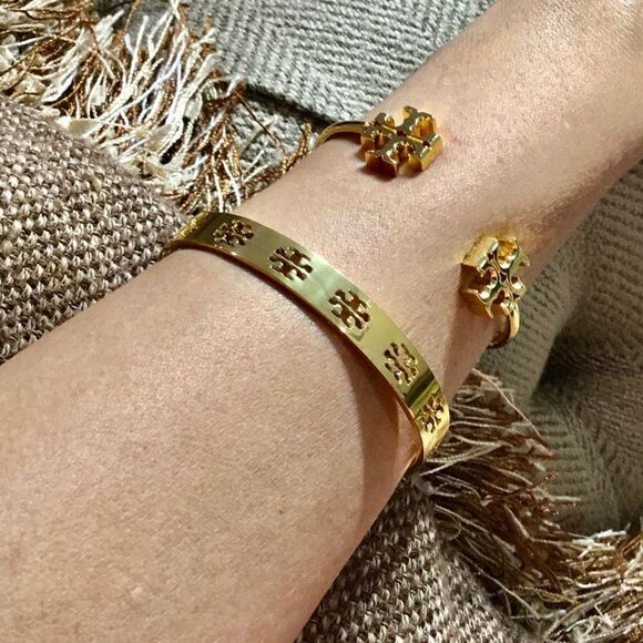 TORY BURCH LOGO DOUBLE T CUFF 18K GOLD TONE BRACELET - Picture 4 of 8